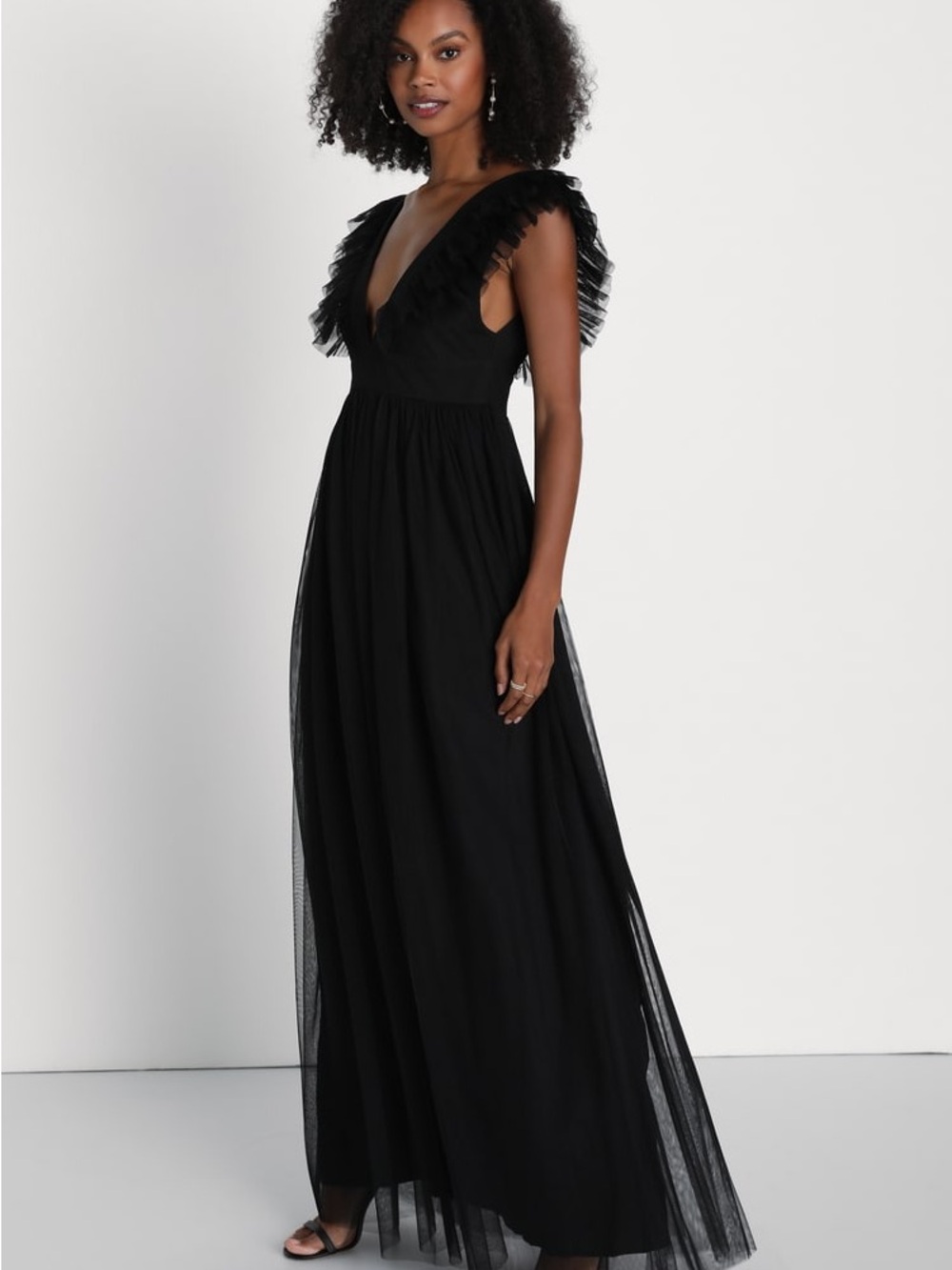 Lulus Simply Delighted Black Mesh Ruffled Backless Maxi Dress Size L NWT